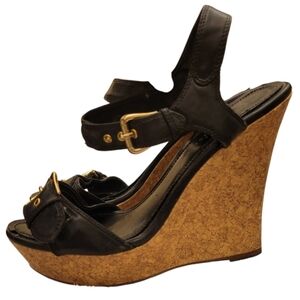 Charlotte Russe Vintage Cork Heel Open Toed Black Strappy Wedgw Size 10